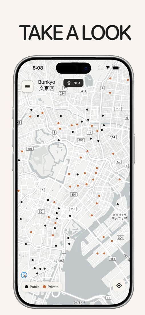 Smoky map screen showing public and private spots